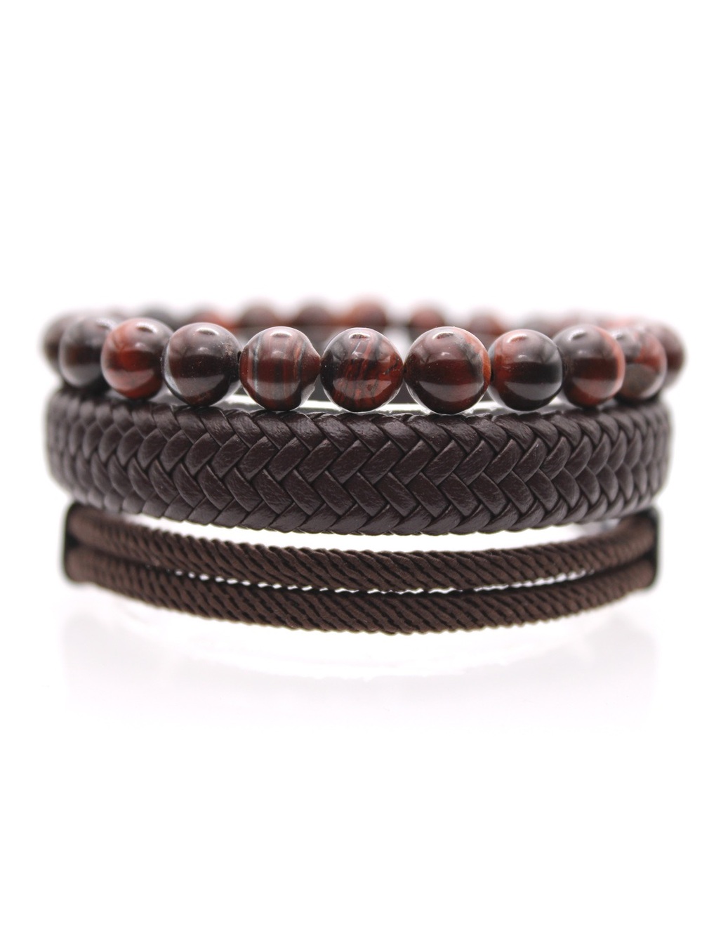 Men's Brown Beaded & Braided Leather Bracelet Set